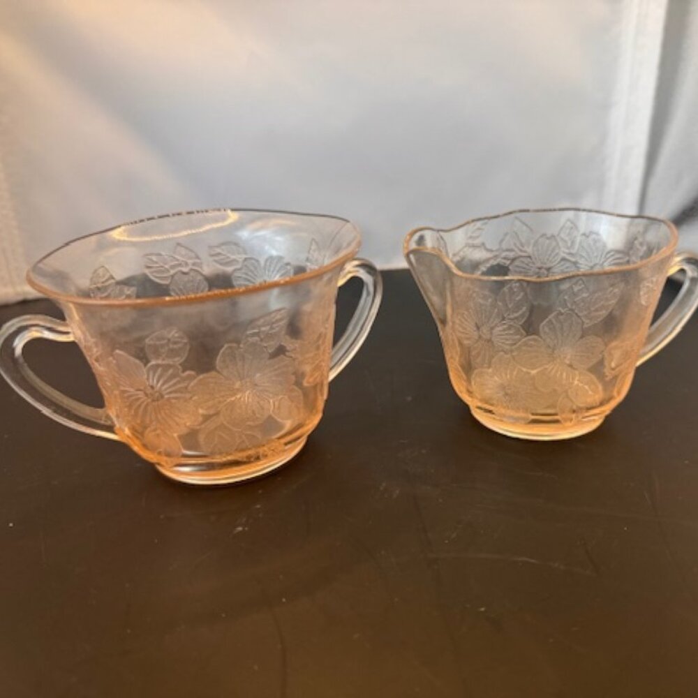 Macbeth Pink Depression Glass Cream and Sugar Bowls- Floral Design